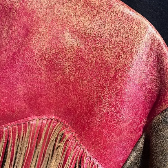 Double D Ranch Red and Black Leather Fringe Jacket-Vintage - Picture 6 of 8